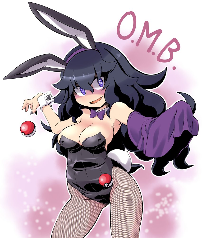 @_@ animal_ears bare_shoulders black_hair black_nails bow bowtie breasts bunny_ears bunny_tail bunnysuit commentary covered_nipples detached_collar fishnet_legwear fishnet_pantyhose fishnets hairband hex_maniac_(pokemon) large_breasts long_hair looking_at_viewer messy_hair nail_polish open_mouth pantyhose poke_ball pokemon pokemon_(game) pokemon_xy purple_eyes shaded_face solo tail takura_mahiro wrist_cuffs