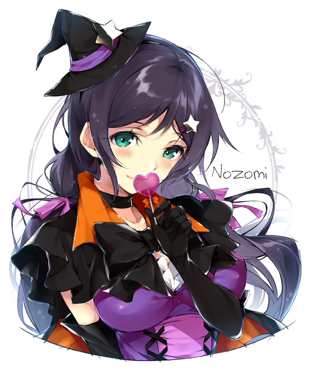 black_bow black_choker black_gloves bow breasts candy character_name choker commentary_request dancing_stars_on_me! dress elbow_gloves food gloves green_eyes hair_ornament hair_ribbon hairclip halloween hario_4 hat hat_ornament heart_lollipop highres large_breasts lollipop long_hair love_live! love_live!_school_idol_project low_twintails pink_ribbon purple_dress purple_hair ribbon solo star star_hair_ornament star_hat_ornament toujou_nozomi twintails upper_body witch_hat