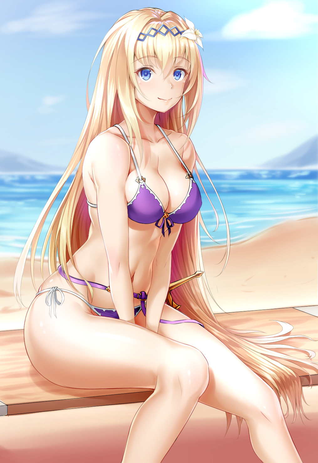 bangs bare_arms bare_legs bare_shoulders beach bikini blonde_hair blue_eyes blue_sky breasts buckle cleavage closed_mouth cloud collarbone commentary_request day eyebrows_visible_through_hair flower front-tie_bikini front-tie_top granblue_fantasy groin hair_between_eyes hair_flower hair_intakes hair_ornament hairband highres horizon jeanne_d'arc_(granblue_fantasy) large_breasts long_hair looking_at_viewer mountain navel ocean outdoors purple_bikini shiny shiny_hair side-tie_bikini sidelocks sitting skindentation sky smile solo stomach straight_hair swimsuit sword thighs v_arms very_long_hair weapon white_flower zuizhong