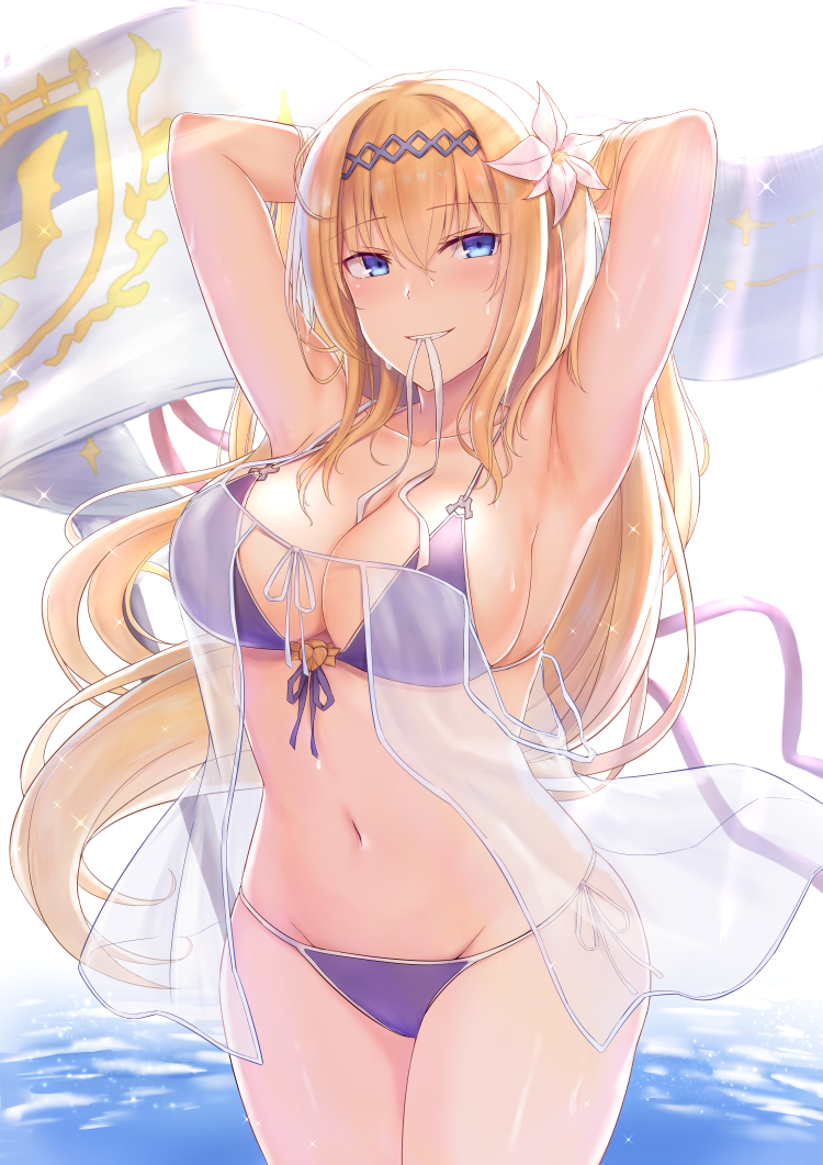 armpits arms_up babydoll bikini blonde_hair blue_eyes blush breasts cai_geng commentary_request flag flower granblue_fantasy groin hair_flower hair_ornament jeanne_d'arc_(granblue_fantasy) large_breasts long_hair looking_at_viewer mouth_hold navel see-through side-tie_bikini solo swimsuit water