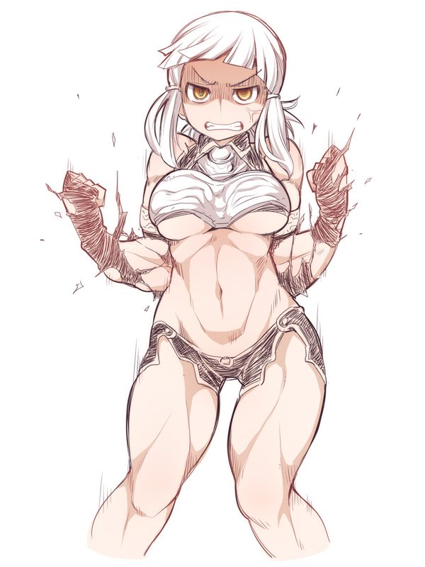 anger_vein angry bandeau bangs bare_shoulders black_gloves black_panties blunt_bangs breasts breasts_apart clenched_hands clenched_teeth commentary_request exploding_clothes fate/grand_order fate_(series) fingerless_gloves gloves groin halterneck hands_up large_breasts long_hair looking_at_viewer motion_lines muscle muscular_female navel panties penthesilea_(fate/grand_order) shaded_face sidelocks simple_background solo standing stomach teeth thighs underboob underwear ushi v-shaped_eyebrows white_background white_hair wing_collar yellow_eyes