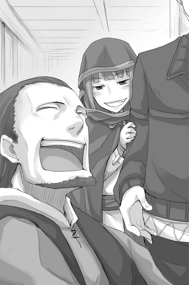 2boys :d ayakura_juu beard blush cape closed_eyes craft_lawrence eyebrows_visible_through_hair facial_hair greyscale grin holo hood hooded indoors laughing monochrome multiple_boys novel_illustration official_art open_mouth shirt_grab short_hair smile spice_and_wolf standing ted_reynolds very_short_hair