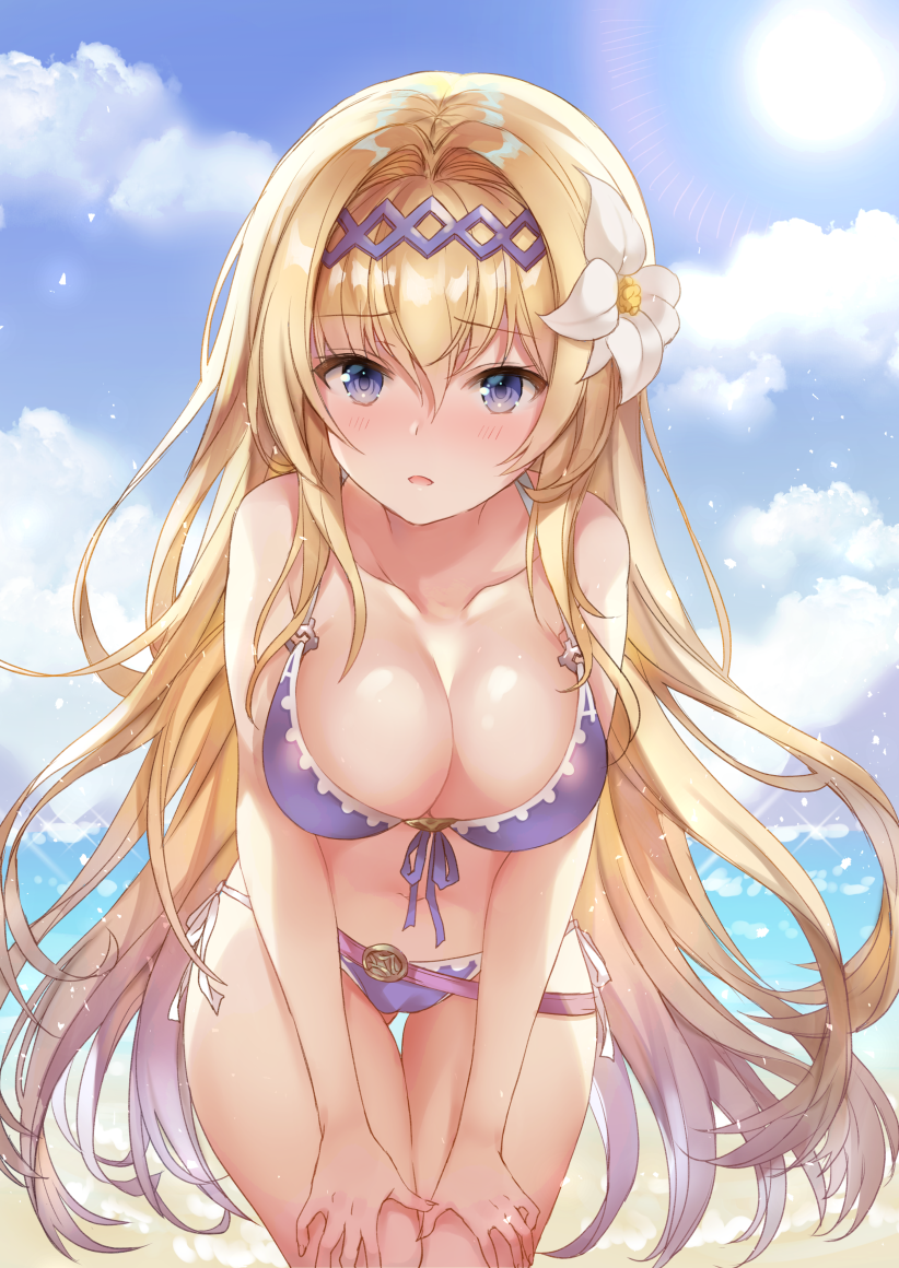 bangs bare_shoulders beach bikini blonde_hair blue_eyes blush breasts cleavage cloud commentary_request day diadem eyebrows_visible_through_hair flower granblue_fantasy hair_between_eyes hair_flower hair_ornament hands_on_thighs hips jeanne_d'arc_(granblue_fantasy) large_breasts leaning_forward long_hair looking_at_viewer narusegawa_riko navel open_mouth outdoors purple_bikini side-tie_bikini solo standing sunlight swimsuit thighs