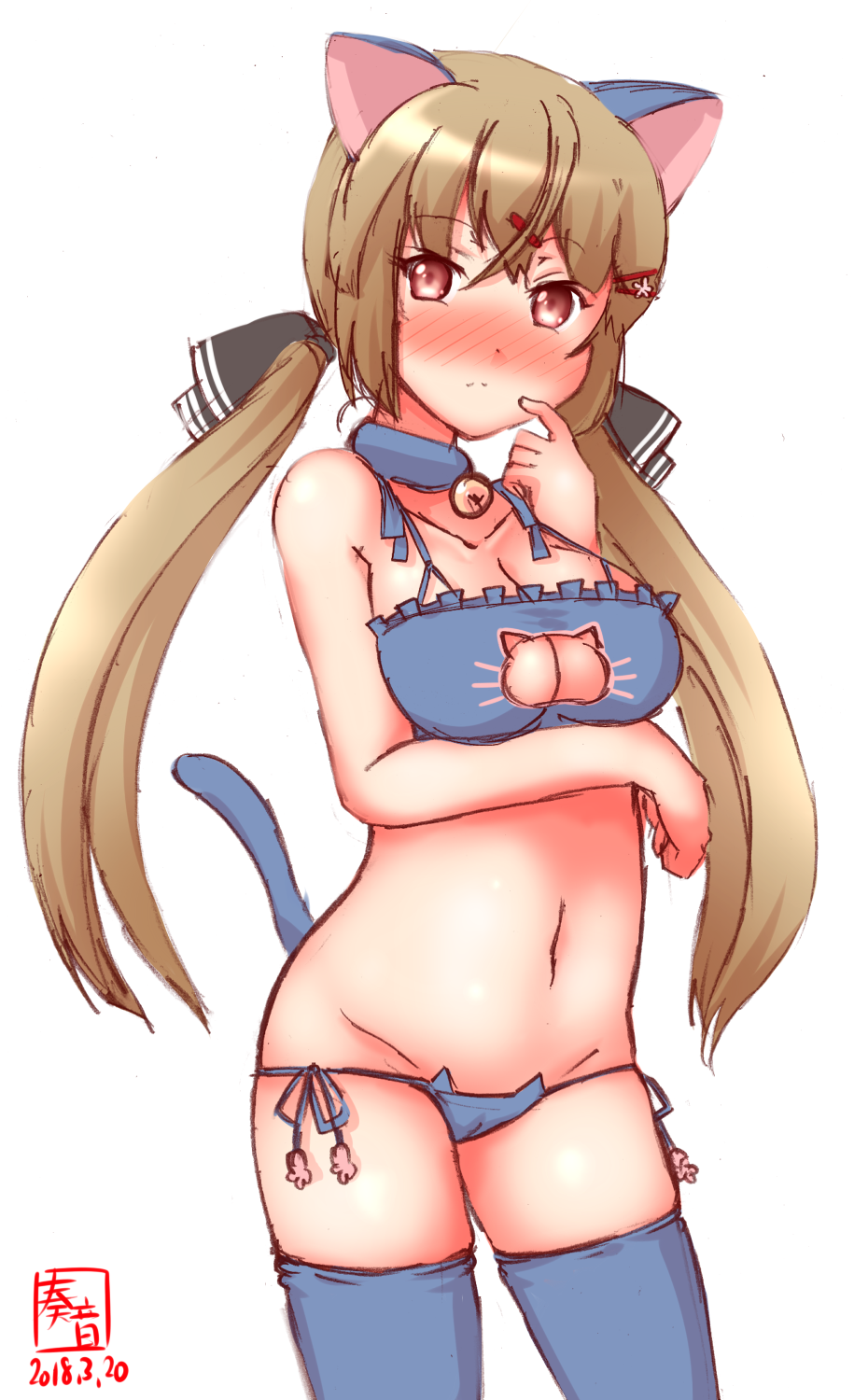 alternate_costume animal_ears artist_logo bell bell_choker blue_bra blue_legwear blue_panties blush bra breasts brown_hair cat_cutout cat_ear_panties cat_ears cat_lingerie cat_tail choker cleavage cleavage_cutout collarbone commentary dated eyebrows_visible_through_hair frilled_bra frills groin hair_between_eyes hair_ornament hairclip highres jingle_bell kanon_(kurogane_knights) kantai_collection long_hair low_twintails lowleg lowleg_panties md5_mismatch medium_breasts meme_attire navel panties red_eyes side-tie_panties simple_background solo tail tail_raised tashkent_(kantai_collection) thighhighs twintails underwear underwear_only white_background