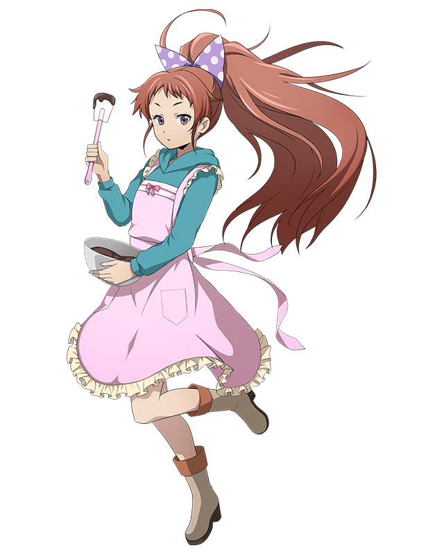 apron blue_sweater boots bow brown_eyes brown_hair chocolate floating_hair frilled_apron frills full_body grey_footwear hair_bow holding hood hooded_sweater isami_(log_horizon) leg_up log_horizon long_hair looking_at_viewer official_art parted_lips pink_apron polka_dot polka_dot_bow purple_eyes solo standing standing_on_one_leg sweater transparent_background very_long_hair