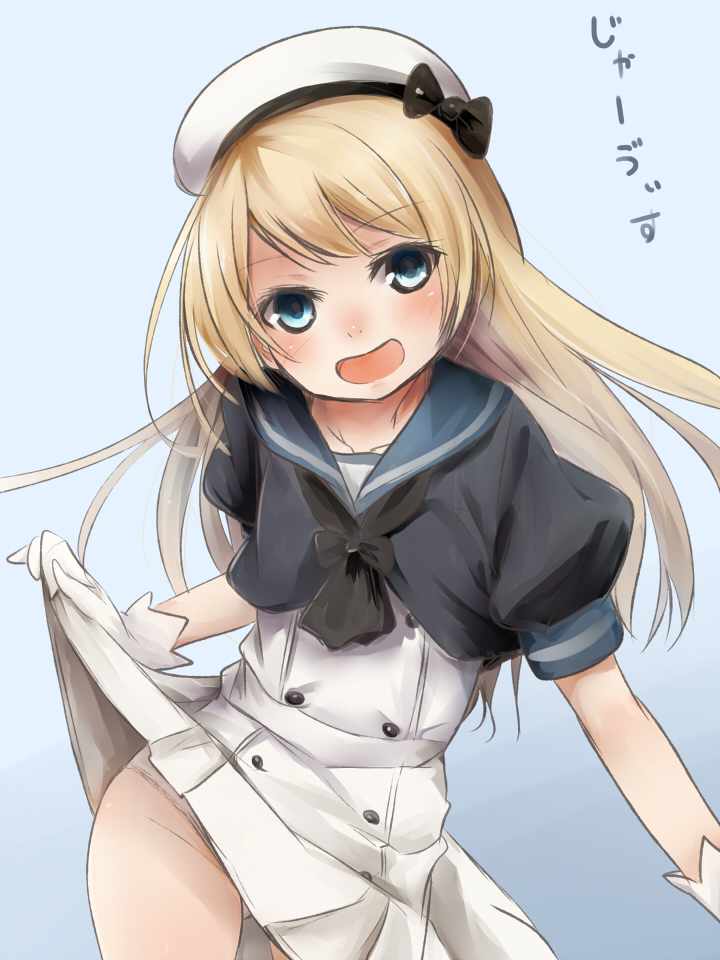 :d akino_shuu blonde_hair blue_background blue_eyes blue_sailor_collar collarbone dress dress_lift gloves hat jervis_(kantai_collection) kantai_collection lifted_by_self long_hair open_mouth panties puffy_short_sleeves puffy_sleeves sailor_collar sailor_dress short_sleeves simple_background skirt skirt_lift smile solo underwear white_gloves white_hat white_panties