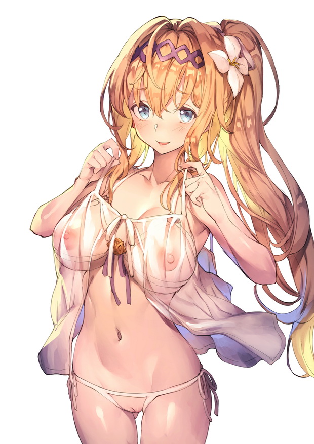 babydoll bangs bare_shoulders blonde_hair blue_eyes blush breasts commentary diadem eyebrows_visible_through_hair flower granblue_fantasy hair_flower hair_ornament hips jeanne_d'arc_(granblue_fantasy) large_breasts long_hair looking_at_viewer navel nipples open_mouth ponytail pussy redcomet revealing_clothes see-through simple_background smile solo white_background