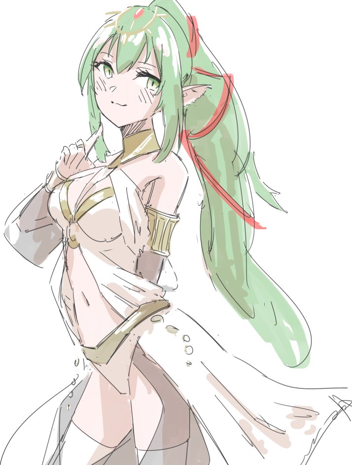 blush breasts chiki cosplay fire_emblem fire_emblem:_kakusei fire_emblem:_monshou_no_nazo green_eyes green_hair hair_ornament hairband jewelry long_hair looking_at_viewer mamkute medium_breasts midriff navel olivia_(fire_emblem) olivia_(fire_emblem)_(cosplay) pointy_ears ponytail simple_background skeptycally solo tiara