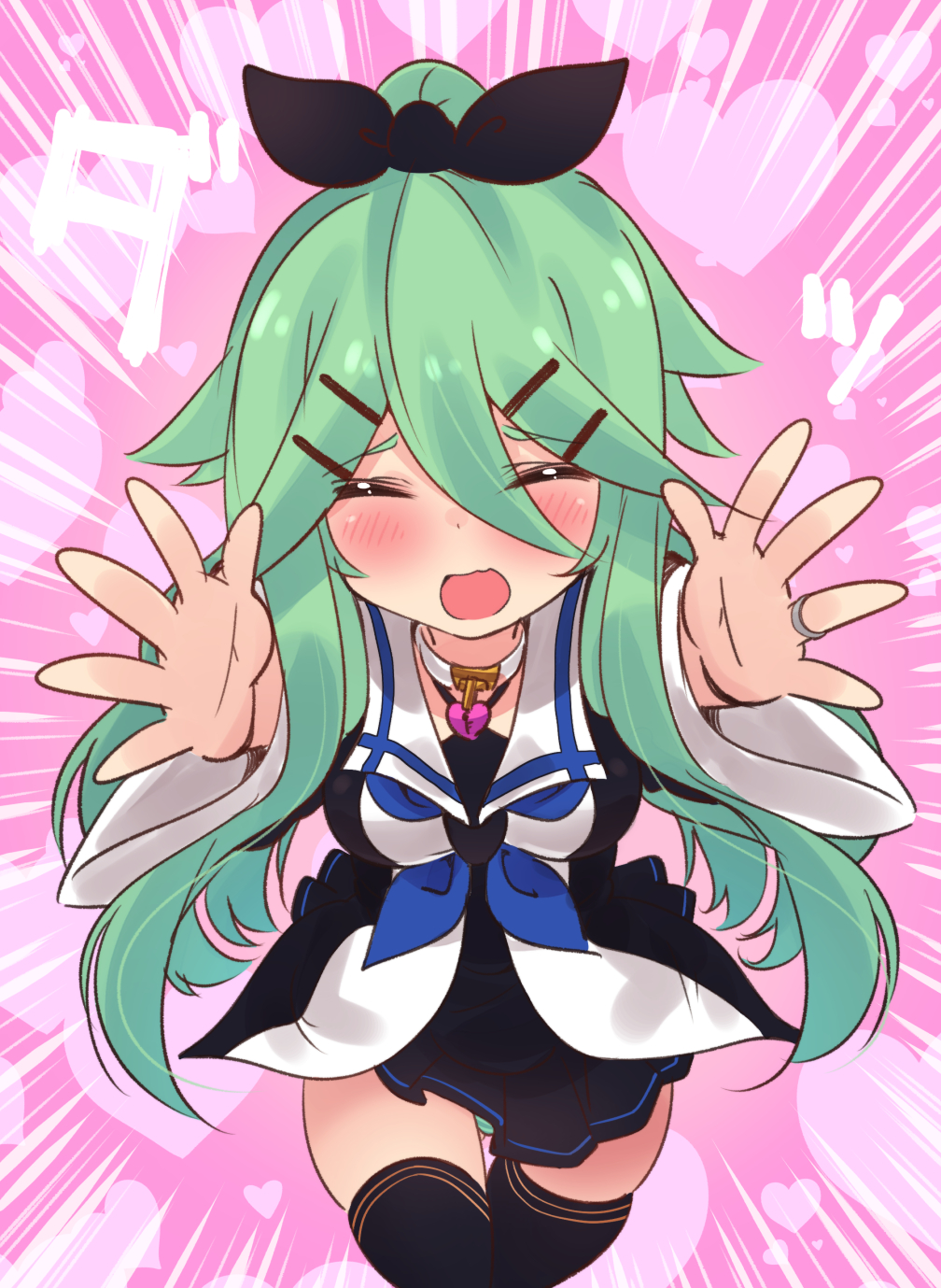 ass_visible_through_thighs black_bow black_legwear blue_neckwear blush bow breasts closed_eyes collar commentary emphasis_lines eyebrows_visible_through_hair eyes_visible_through_hair green_hair hair_between_eyes hair_bow hair_ornament hairclip heart heart_lock_(kantai_collection) highres jewelry kantai_collection long_hair medium_breasts neckerchief necklace open_mouth outstretched_arms panties pantyshot pantyshot_(standing) pink_background pov reaching_out ring running skindentation solo standing suzuki_toto thighhighs underwear wedding_band yamakaze_(kantai_collection)