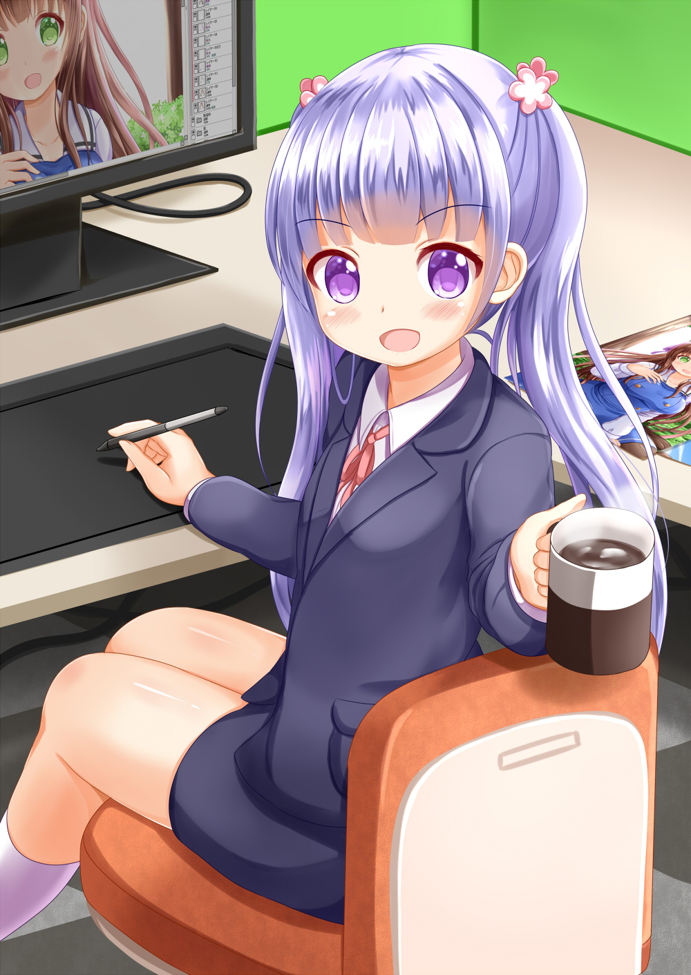 :d bangs black_jacket black_skirt blush chair coffee coffee_mug collared_shirt commentary_request company_connection cup drawing_tablet eyebrows_visible_through_hair gochuumon_wa_usagi_desu_ka? highres holding holding_cup holding_stylus indoors jacket long_hair looking_at_viewer manga_time_kirara mug new_game! on_chair open_mouth purple_eyes purple_hair shirt sitting skirt smile socks solo stylus suzukaze_aoba tablet twintails ujimatsu_chiya very_long_hair white_legwear white_shirt zenon_(for_achieve)