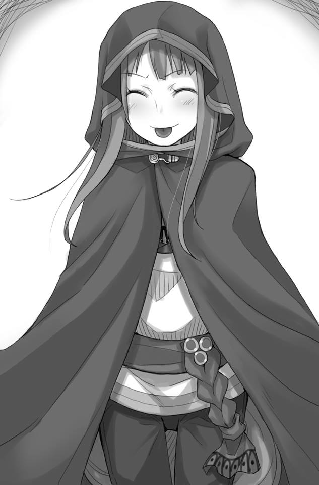 ayakura_juu blush cape closed_eyes cowboy_shot eyebrows_visible_through_hair floating_hair greyscale holo hood hooded long_hair monochrome novel_illustration official_art pants shirt smile solo spice_and_wolf standing tongue tongue_out