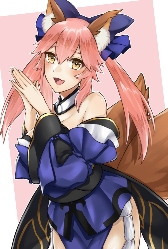 animal_ears bare_shoulders blush brown_eyes caster_(fate/extra) dress fate/extra long_hair pink_hair smile twintails