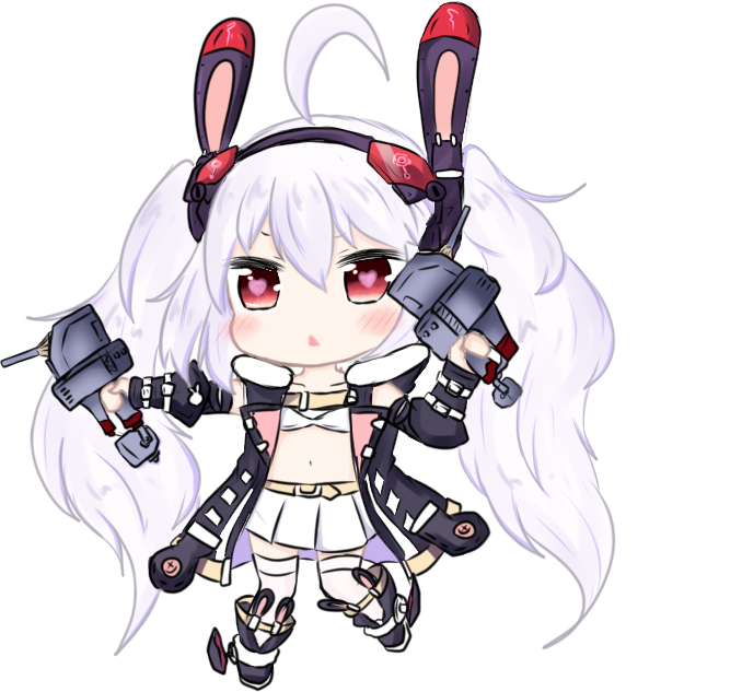 :&lt; ahoge alternate_costume animal_ears azur_lane bailingxiao_jiu bangs black_footwear black_hairband black_jacket blush boots bunny_ears cannon chibi collarbone detached_sleeves eyebrows_visible_through_hair full_body hair_between_eyes hairband heart heart-shaped_pupils holding jacket laffey_(azur_lane) long_hair long_sleeves looking_at_viewer navel open_clothes open_jacket parted_lips pleated_skirt puffy_long_sleeves puffy_sleeves red_eyes silver_hair simple_background skirt sleeveless_jacket solo standing standing_on_one_leg symbol-shaped_pupils thighhighs thighhighs_under_boots turret very_long_hair white_background white_legwear white_skirt