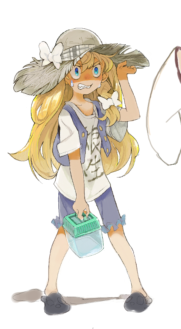 bad_id bad_pixiv_id bangs black_footwear blonde_hair blue_eyes blue_shorts blue_vest bow braid buttons clothes_writing container crocs fronttire full_body hair_between_eyes hair_bow hand_on_headwear hand_up hat hat_bow holding insect_cage kirisame_marisa legs_apart long_hair open_clothes open_vest sharp_teeth shirt short_sleeves shorts side_braid simple_background single_braid slippers solo standing straw_hat sweat t-shirt teeth touhou unbuttoned v-shaped_eyebrows vest white_background white_bow white_shirt