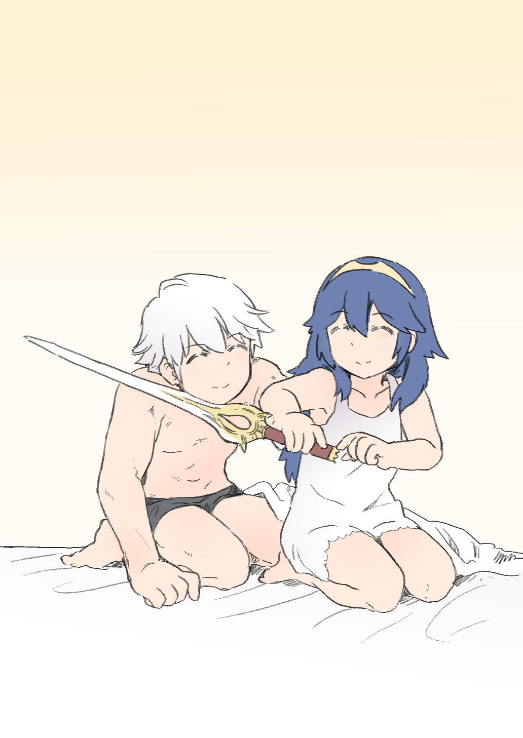 blue_hair blush camisole closed_eyes couple falchion_(fire_emblem) fire_emblem fire_emblem:_kakusei highres long_hair lucina male_my_unit_(fire_emblem:_kakusei) my_unit_(fire_emblem:_kakusei) navel sekaihebi short_hair smile tiara underwear white_hair