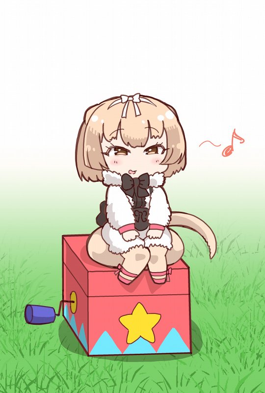 :d anteater_ears anteater_tail black_bow black_neckwear blonde_hair bow bowtie box brown_eyes chibi fur_collar grass hairband jack_in_the_box_(toy) kemono_friends kemono_friends_pavilion musical_note on_box open_mouth playground_equipment_(kemono_friends_pavilion) short_hair silky_anteater_(kemono_friends) sitting sitting_on_box smile solo star tanaka_kusao white_hairband
