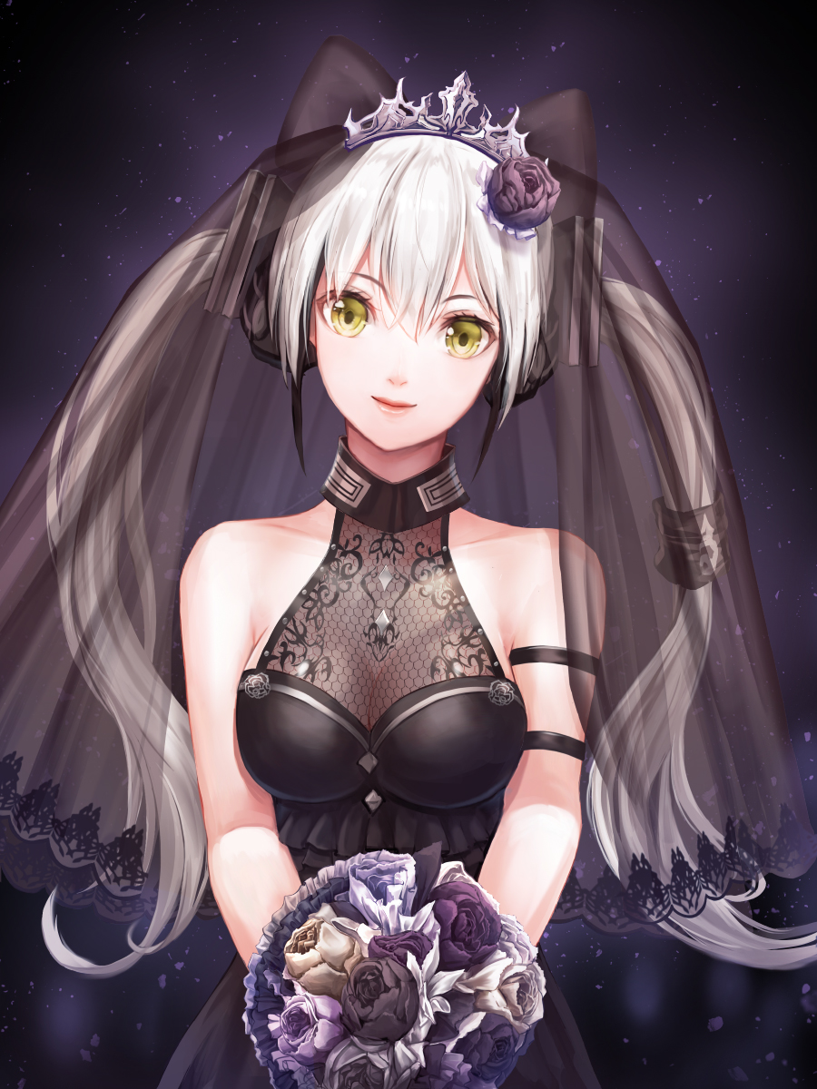 arm_strap bangs bare_shoulders black_dress black_flower black_hair black_rose bouquet breasts brown_flower brown_rose cleavage closed_mouth collarbone commentary_request destroyer_(girls_frontline) dress fishnets flower girls_frontline hair_between_eyes hair_flower hair_ornament halterneck head_tilt highres holding holding_bouquet lips long_hair looking_at_viewer lunacle medium_breasts multicolored_hair pink_flower pink_rose purple_flower purple_rose rose shiny shiny_hair sidelocks silver_hair sleeveless sleeveless_dress smile solo streaked_hair tiara twintails upper_body veil wedding_dress yellow_eyes