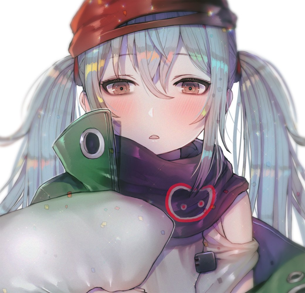alternate_hairstyle bags_under_eyes bangs blush brown_eyes commentary_request confetti g11_(girls_frontline) girls_frontline green_jacket hair_between_eyes half-closed_eyes hanato_(seonoaiko) holding holding_pillow jacket light_particles long_hair looking_at_viewer open_clothes open_mouth pillow red_scarf scarf scarf_on_head shirt shoulder_cutout sidelocks silver_hair simple_background solo twintails upper_body white_background
