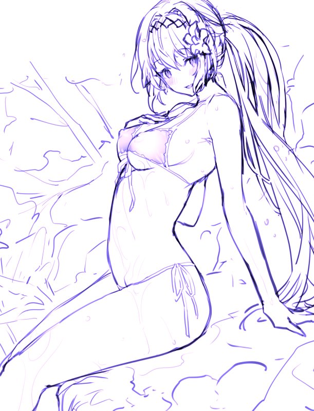 bikini blush breasts commentary_request covered_nipples flower granblue_fantasy hair_flower hair_ornament jeanne_d'arc_(granblue_fantasy) koza_game long_hair looking_at_viewer medium_breasts monochrome ponytail side-tie_bikini sideboob sitting sketch solo swimsuit
