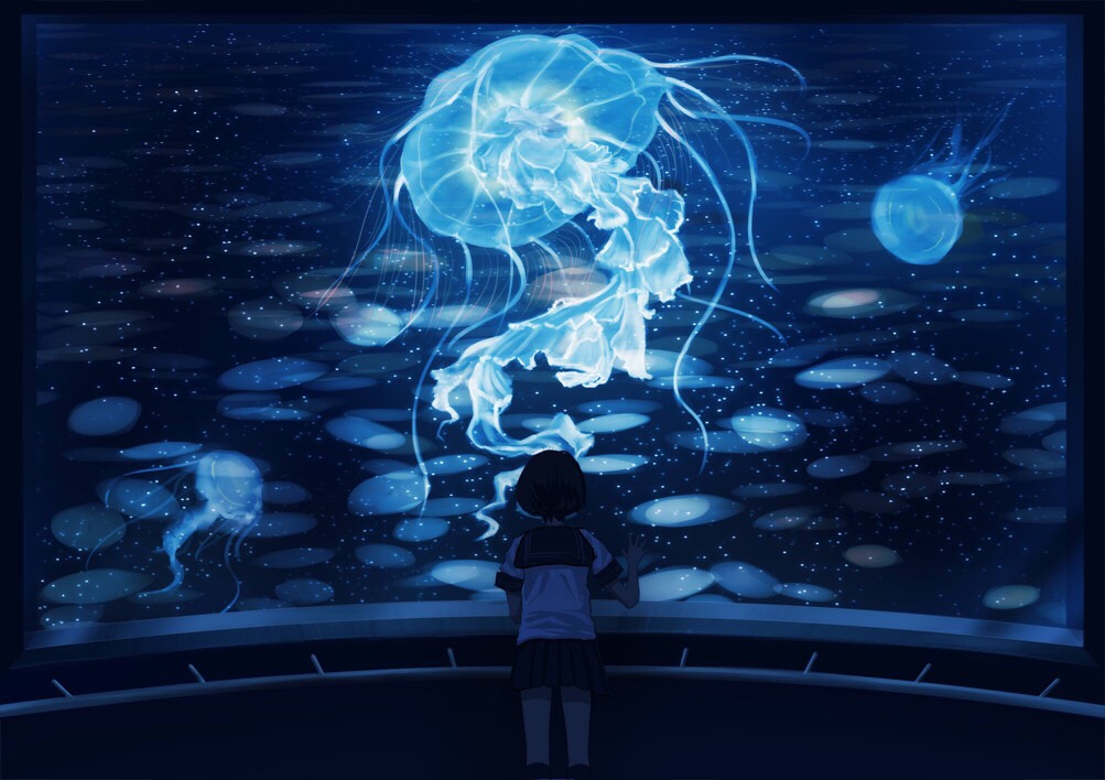 aquarium black_hair black_skirt blue facing_away jellyfish kyarage_(soda) original school_uniform serafuku skirt solo standing