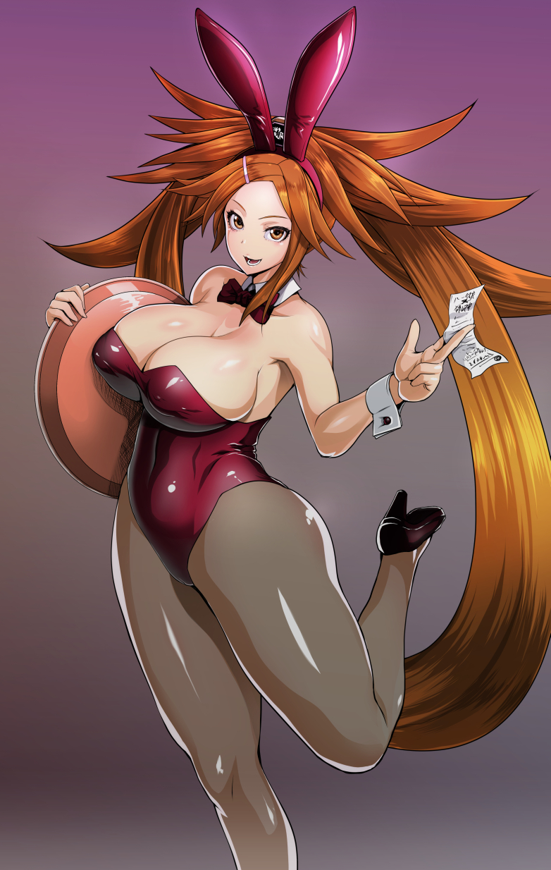 1girl armpits bare_shoulders bowtie breasts brown_eyes brown_hair bunny_ears bunnysuit cleavage detached_collar eyebrows fake_bunny_ears guilty_gear hair_ornament hairclip high_heels holding kuradoberi_jam large_breasts leg_up leotard long_hair looking_at_viewer matching_hair/eyes open_mouth pantyhose receipt shiny_skin smile solo standing thick_thighs tray very_long_hair wrist_cuffs yoshimura_tatsumaki