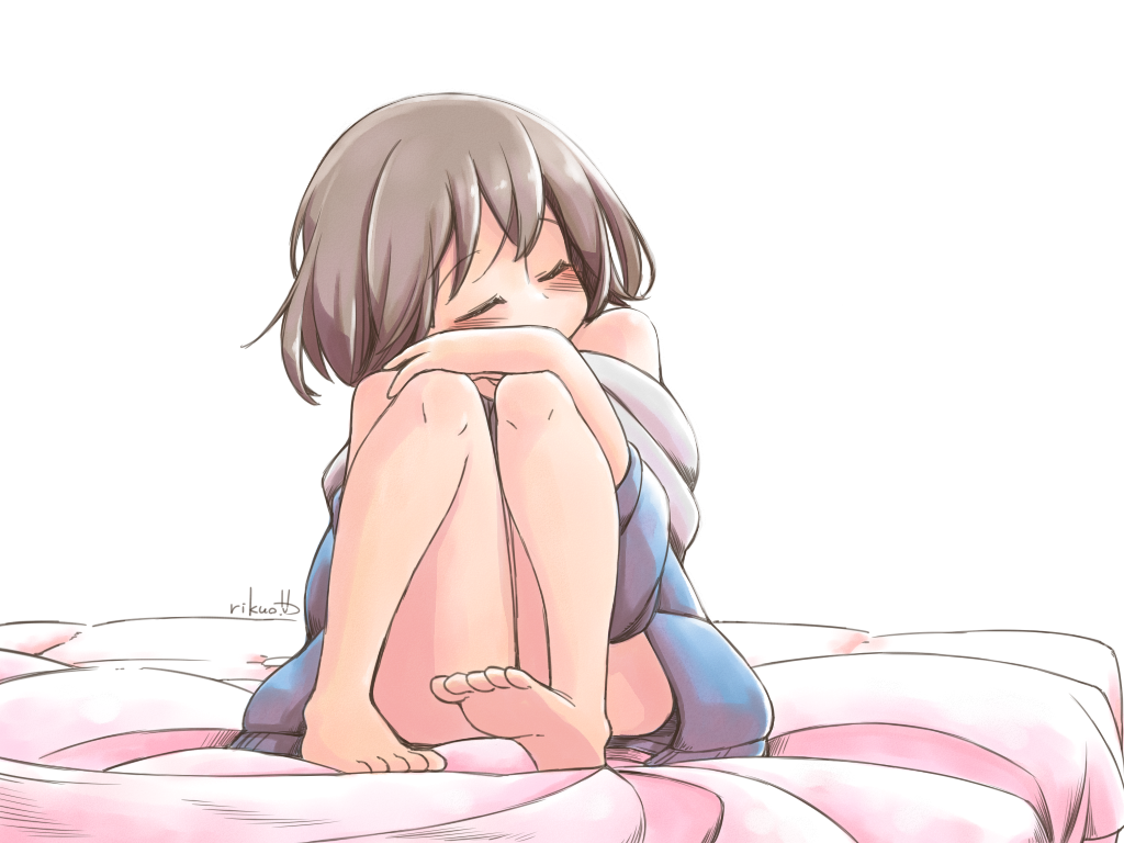 androgynous bangs bare_legs bare_shoulders barefoot bed_sheet blue_jacket blush brown_hair closed_eyes convenient_leg eyebrows_visible_through_hair feet frisk_(undertale) full_body hand_on_own_knee hand_up hood hood_down hooded_jacket jacket legs long_sleeves off_shoulder rikuo_(whace) short_hair signature simple_background sitting soles solo undertale white_background