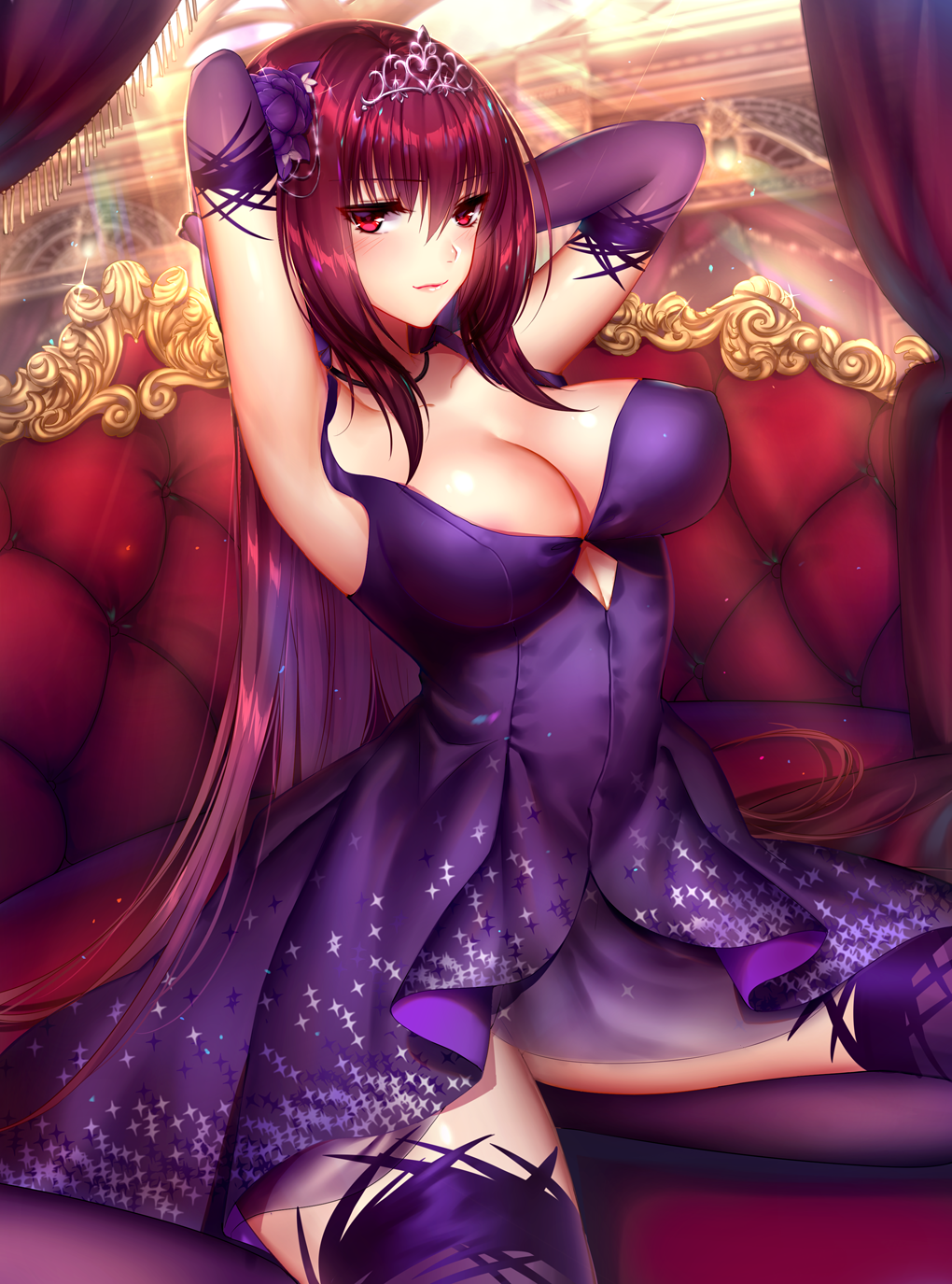 areola_slip areolae armpits arms_behind_head blush breasts cleavage couch covered_nipples dress elbow_gloves fate/grand_order fate_(series) flower gloves hair_flower hair_ornament heroic_spirit_formal_dress highres large_breasts long_hair mallizmora purple_dress purple_gloves purple_hair purple_legwear red_eyes scathach_(fate)_(all) scathach_(fate/grand_order) sitting sleeveless sleeveless_dress smile solo thighhighs tiara