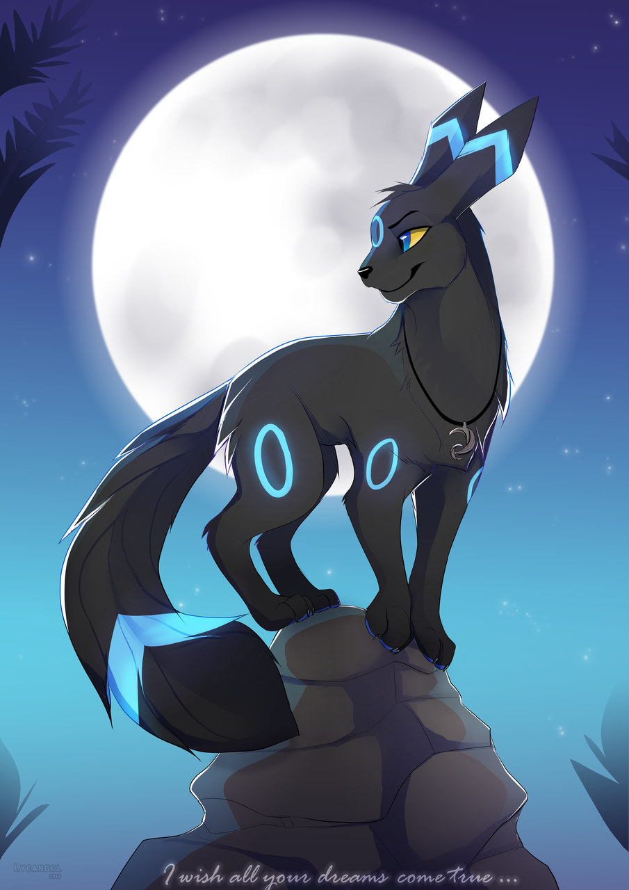 2018 black_fur black_nose blue_eyes canine digital_media_(artwork) eeveelution feral full_moon fur jewelry lycangel male mammal moon necklace night nintendo outside paws pok&eacute;mon pok&eacute;mon_(species) shiny_pok&eacute;mon sky smile solo umbreon video_games yellow_sclera