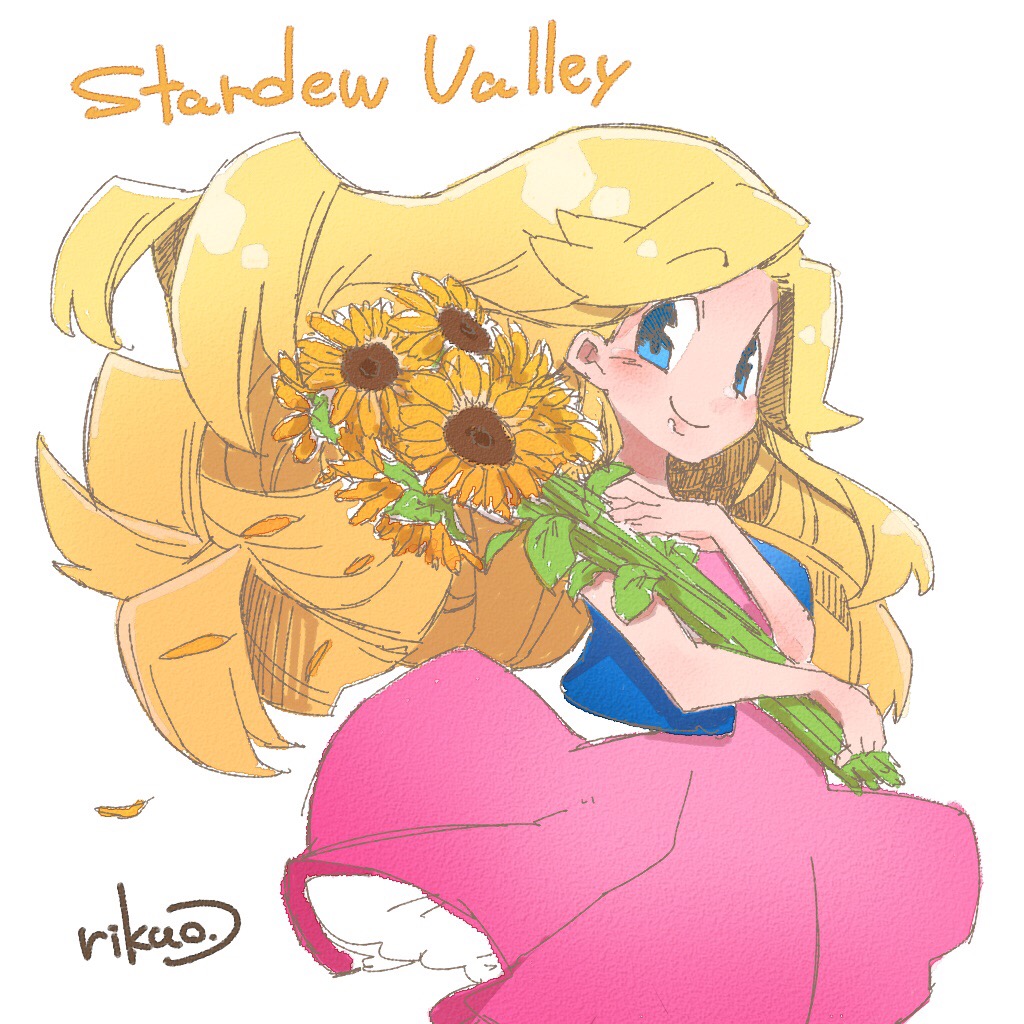 bare_arms blonde_hair blue_eyes blue_vest blush closed_mouth copyright_name dress eyebrows eyebrows_visible_through_hair floating_hair flower haley_(stardew_valley) holding holding_flower long_hair open_clothes open_vest petals pink_dress rikuo_(whace) signature simple_background smile solo stardew_valley sunflower vest white_background yellow_flower