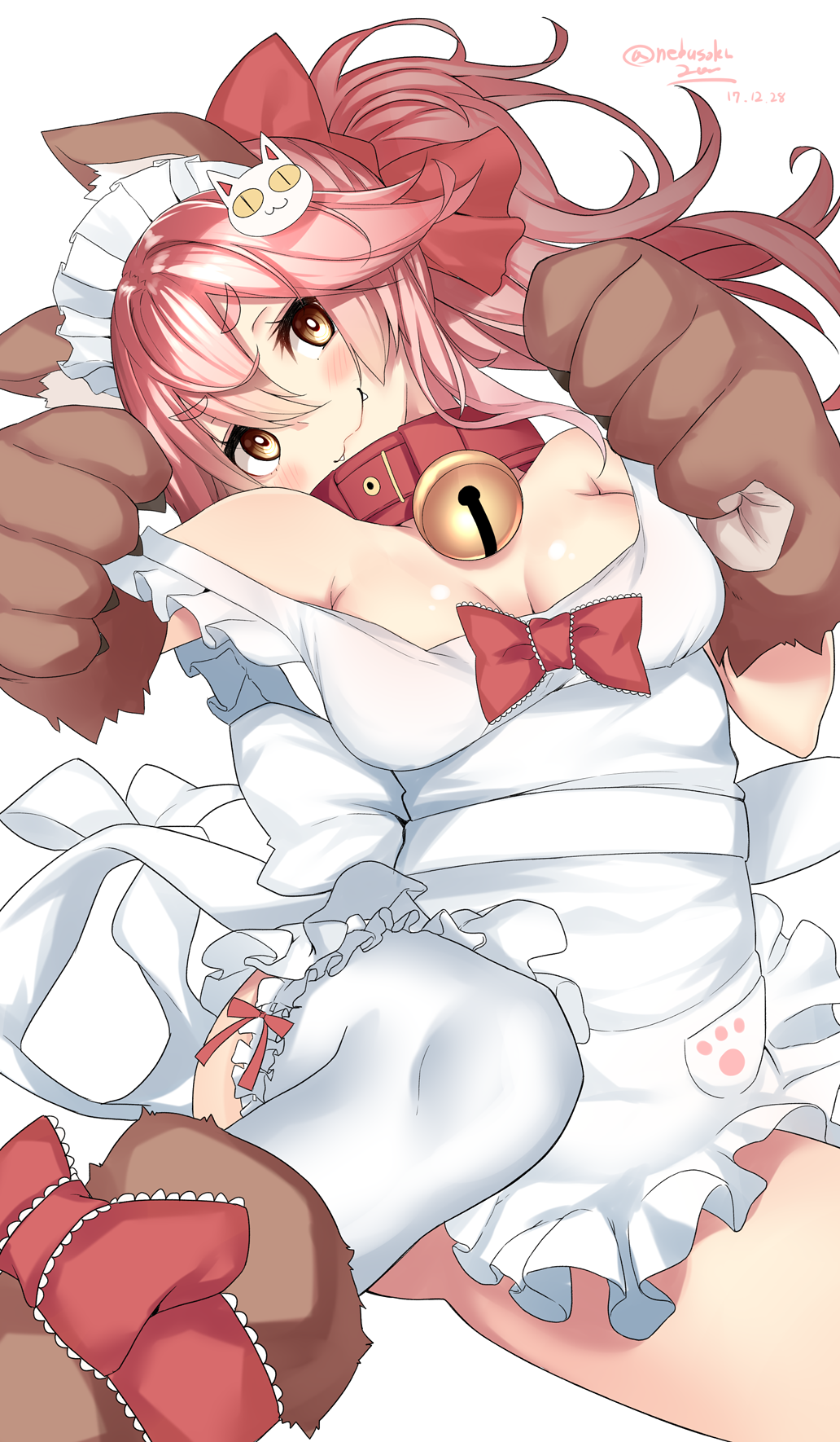 :3 animal_ear_fluff animal_ears apron apron_pull bangs bare_shoulders bell bell_collar blush bow breasts cat_hair_ornament cat_paws cleavage collar commentary_request eyebrows fang fate/grand_order fate_(series) fox_ears fox_tail frills gloves hair_between_eyes hair_bow hair_ornament highres large_breasts long_hair maid_headdress naked_apron nebusoku paw_gloves paw_shoes paws pink_hair ponytail red_bow sash shoes sidelocks signature simple_background smile solo tail tamamo_(fate)_(all) tamamo_cat_(fate) tamamo_no_mae_(fate) thighhighs thighs white_background white_legwear yellow_eyes