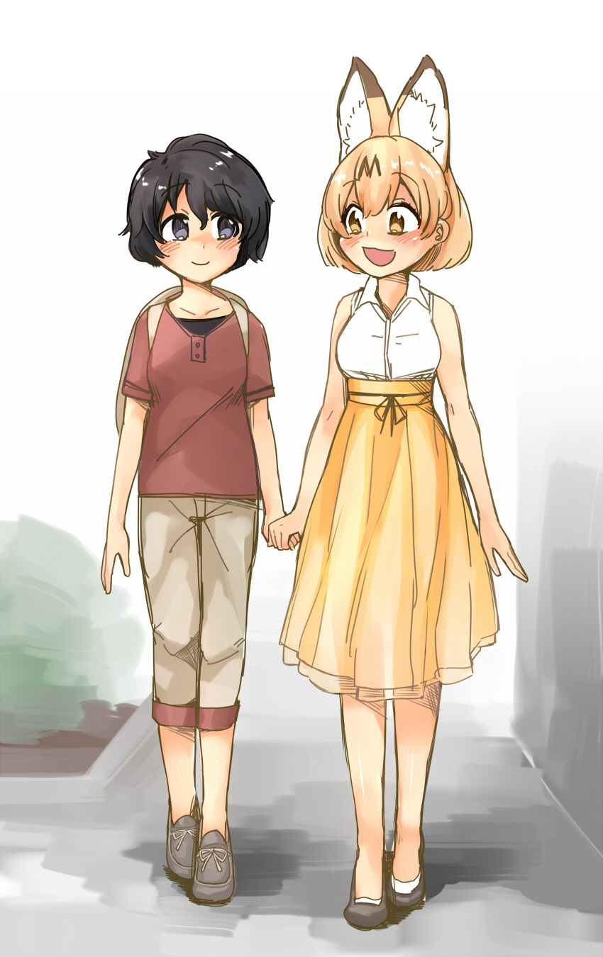 alternate_costume animal_ears backpack bag bare_arms bare_legs bare_shoulders black_hair blonde_hair blue_eyes blush contemporary eyebrows_visible_through_hair high-waist_skirt highres holding_hands initsukkii kaban_(kemono_friends) kemono_friends multicolored_hair multiple_girls no_hat no_headwear open_mouth serval_(kemono_friends) serval_ears shirt short_hair short_sleeves shorts skirt t-shirt vest