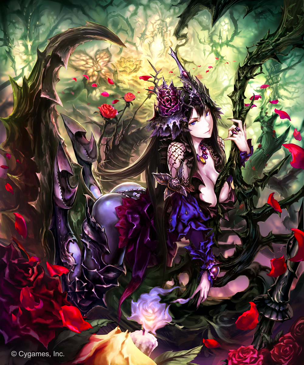 armor ass between_breasts boots breasts brooch candle cleavage closed_mouth flower granblue_fantasy hair_between_eyes hair_flower hair_ornament high_heel_boots high_heels highres hisakata_souji jewelry large_breasts lips long_hair looking_at_viewer necklace official_art pantyhose petals purple_legwear ring rose rose_queen shadowverse shingeki_no_bahamut smile solo thorns very_long_hair