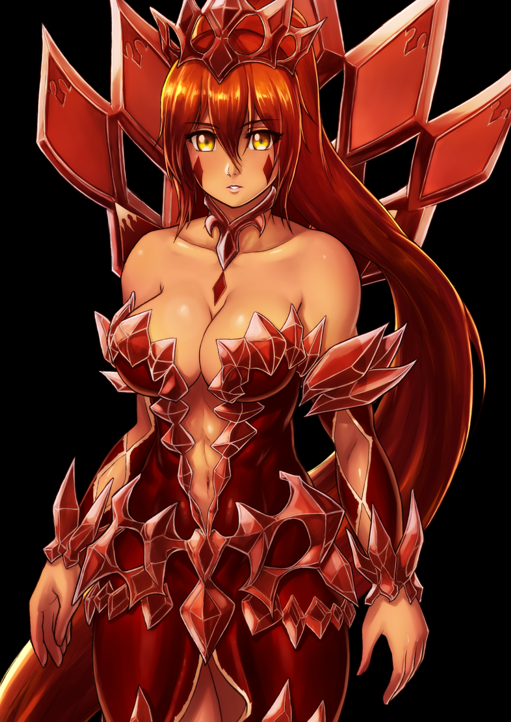 alternate_color bare_shoulders black_background breasts collarbone commentary_request cowboy_shot crown detached_sleeves eyebrows_visible_through_hair eyes_visible_through_hair facial_mark finalcake hair_between_eyes highres ice_queen_(monster_girl_encyclopedia) long_hair looking_at_viewer medium_breasts monster_girl_encyclopedia navel parted_lips red_hair simple_background solo very_long_hair yellow_eyes