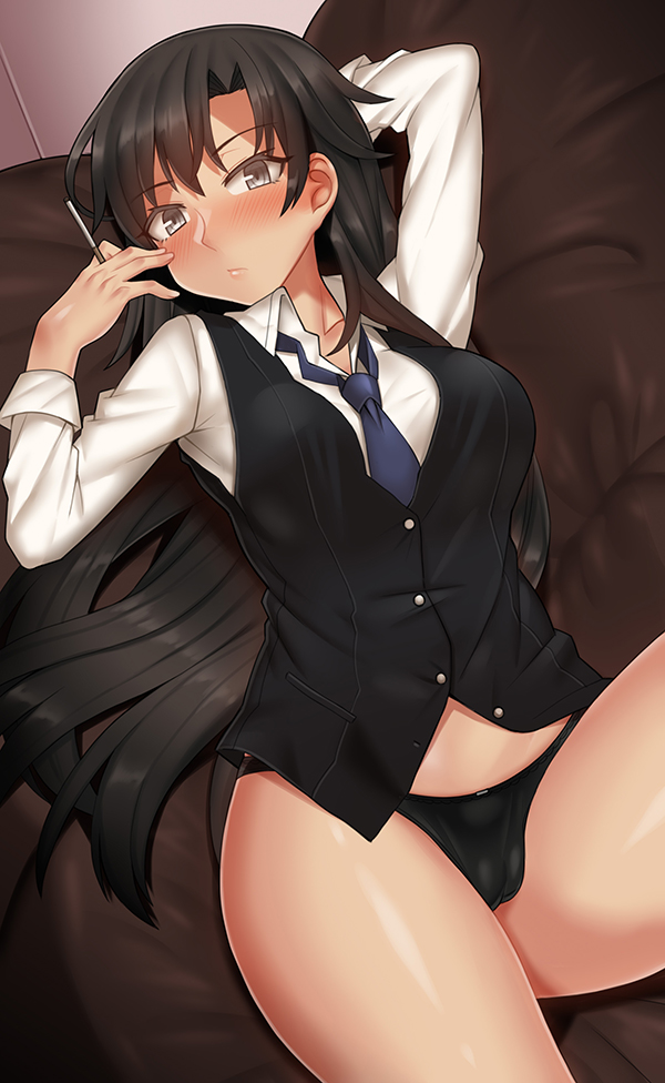 :&lt; arm_behind_head arm_up bangs between_fingers black_hair black_panties black_vest blue_neckwear breasts brown_eyes cameltoe cigarette closed_mouth collar collared_shirt couch eyebrows_visible_through_hair from_above head_tilt hiratsuka_shizuka holding holding_cigarette legs_up lips long_hair long_sleeves looking_at_viewer medium_breasts necktie no_pants nt00 on_couch panties shiny shiny_skin shirt sleeves_folded_up solo thighs underwear very_long_hair vest white_shirt wing_collar yahari_ore_no_seishun_lovecome_wa_machigatteiru.