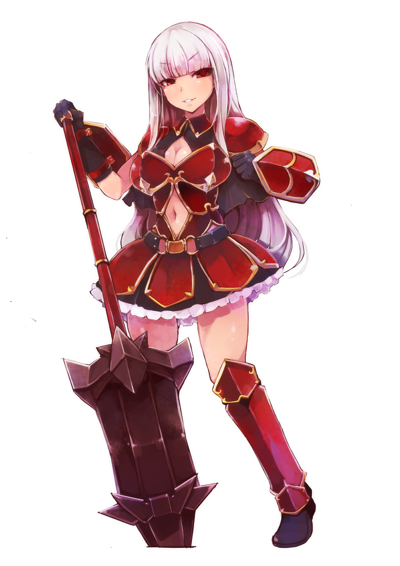 armor armored_dress breasts cleavage cleavage_cutout eyebrows_visible_through_hair full_body gloves legs_apart lillithlauda long_hair looking_at_viewer medium_breasts navel original pink_hair red_eyes solo standing sword transparent_background weapon