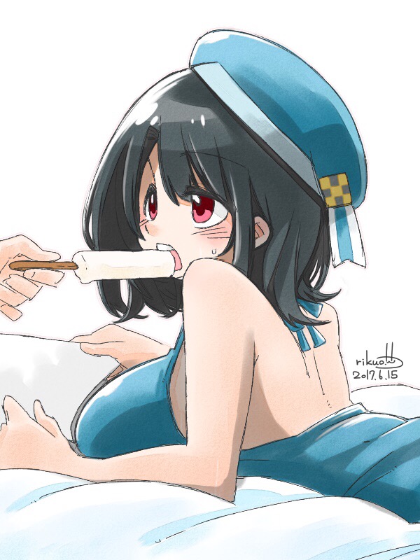 2017 back backless_outfit bangs bare_arms bare_back bare_shoulders bed_sheet beret black_hair blue_hat blush breasts dated eyebrows eyebrows_visible_through_hair feeding food hair_between_eyes hat holding holding_paper kantai_collection large_breasts long_hair lying on_stomach open_mouth out_of_frame paper pink_eyes popsicle rikuo_(whace) signature simple_background solo_focus sweat takao_(kantai_collection) teeth white_background