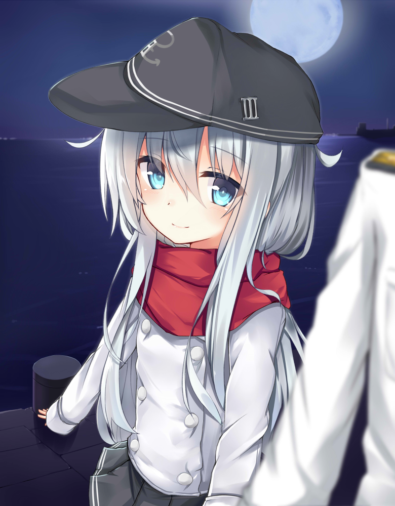 admiral_(kantai_collection) anchor_symbol bangs black_hat black_skirt blue_eyes blurry blurry_foreground blush closed_mouth commentary_request depth_of_field enpera eyebrows_visible_through_hair flat_cap fukiaki full_moon hair_between_eyes hat hibiki_(kantai_collection) horizon jacket kantai_collection long_hair long_sleeves looking_at_viewer military_jacket moon night night_sky ocean outdoors pier pleated_skirt red_scarf scarf silver_hair skirt sky sleeves_past_wrists smile solo_focus very_long_hair water white_jacket