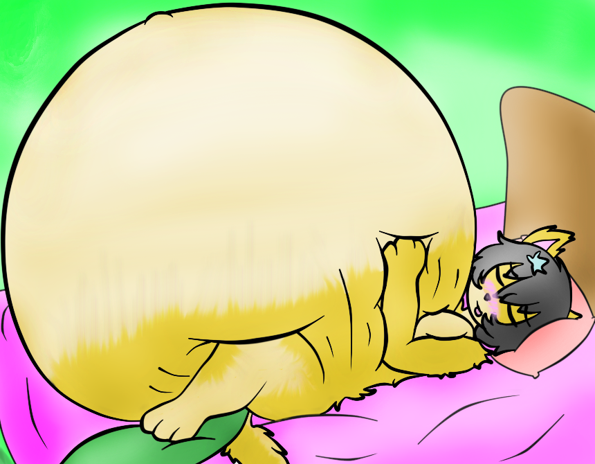 anal anal_penetration anthro bed belly big_belly black_hair blush cat catsikune catsikune_(character) cute feline fluffy fluffy_tail fur green_eyes hair hose hyper hyper_belly hyper_inflation inflation male mammal navel nude penetration pillow simple_background sleeping smile solo squish squishy water_inflation yellow_fur