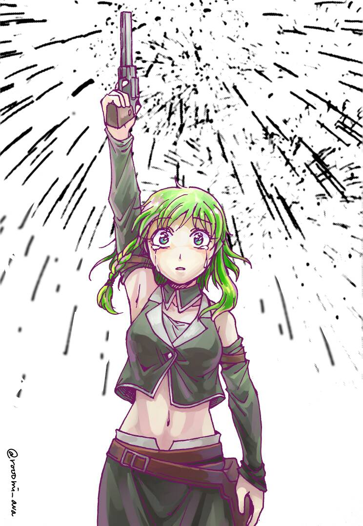arm_up armpits artist_name bare_shoulders belt braid collarbone crop_top crying crying_with_eyes_open detached_collar detached_sleeves evillious_nendaiki fireworks green_eyes green_hair gumi gun handgun holding holding_gun holding_weapon holster master_of_the_heavenly_yard_(vocaloid) midriff navel nemesis_sudou revolver rooomi saigo_no_revolver_(vocaloid) short_hair side_braid sleeveless_jacket solo tears twitter_username vocaloid weapon white_background