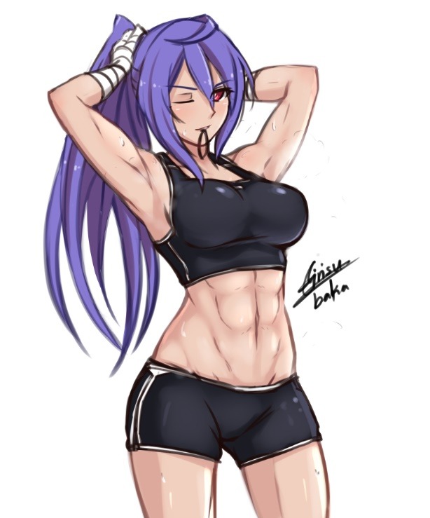 abs airisubaka blue_hair breasts cleavage iris_heart large_breasts long_hair looking_at_viewer muscle muscular_female navel neptune_(series) one_eye_closed ponytail purple_hair red_eyes smile solo symbol-shaped_pupils tying_hair very_long_hair