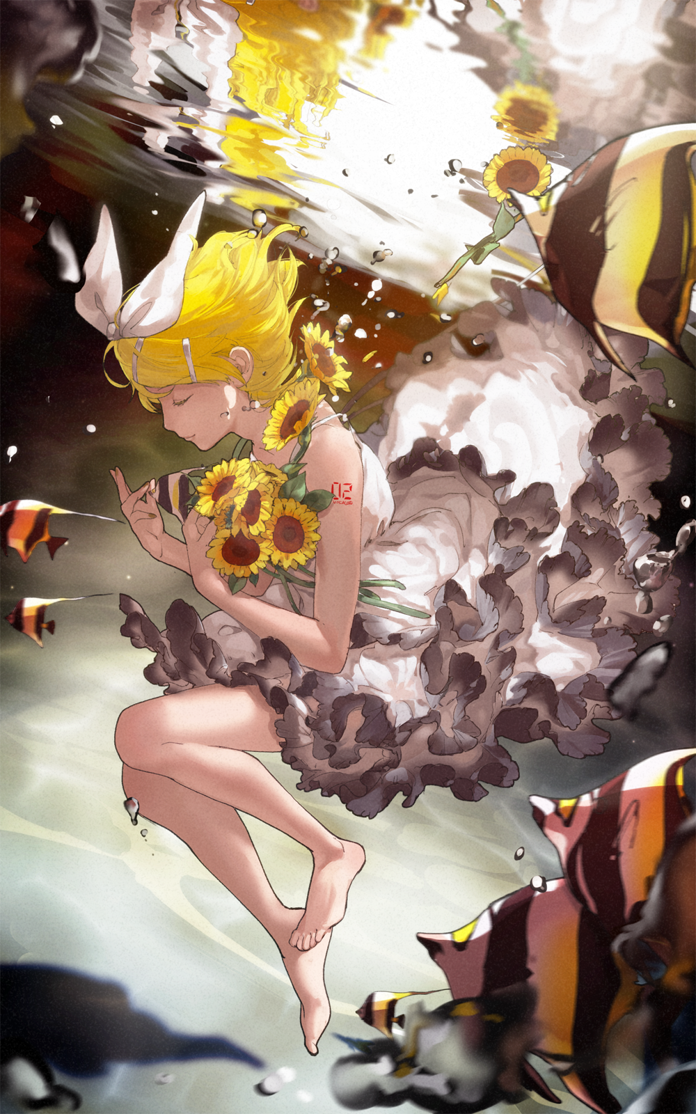 air_bubble arm_tattoo bare_legs barefoot blonde_hair blurry bouquet bow bubble closed_eyes depth_of_field dress fish floating_hair flower frilled_dress frills from_side hair_bow hair_ornament hairclip highres holding kagamine_rin moorish_idol number_tattoo petals profile reflection sawashi_(ur-sawasi) short_hair smile solo submerged sundress sunflower sunflower_petals tattoo underwater vocaloid white_dress