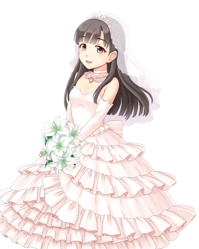 bangs bare_shoulders blush bouquet braid breasts bridal_veil bride brown_eyes brown_hair choker cowboy_shot dress elbow_gloves eyebrows_visible_through_hair flower frills gloves gown holding holding_bouquet idolmaster idolmaster_cinderella_girls isaki_(gomi) jewelry kobayakawa_sae long_hair looking_at_viewer medium_breasts necklace open_mouth simple_background smile solo straight_hair strapless strapless_dress veil wedding_dress white_background white_dress white_flower white_gloves