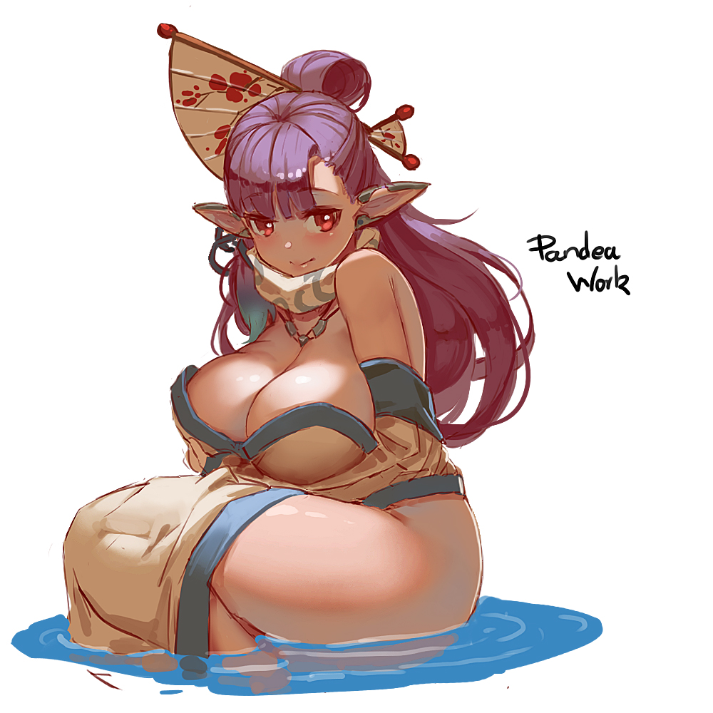 bare_shoulders blush breasts cleavage copyright_request hair_ornament large_breasts long_hair looking_at_viewer pandea_work pointy_ears purple_hair red_eyes sitting smile solo water