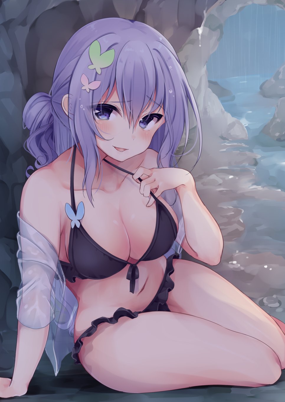 bad_id bad_twitter_id bikini black_bikini blush breasts cleavage commentary_request copyright_request highres large_breasts long_hair looking_at_viewer momoirone purple_eyes purple_hair solo swimsuit