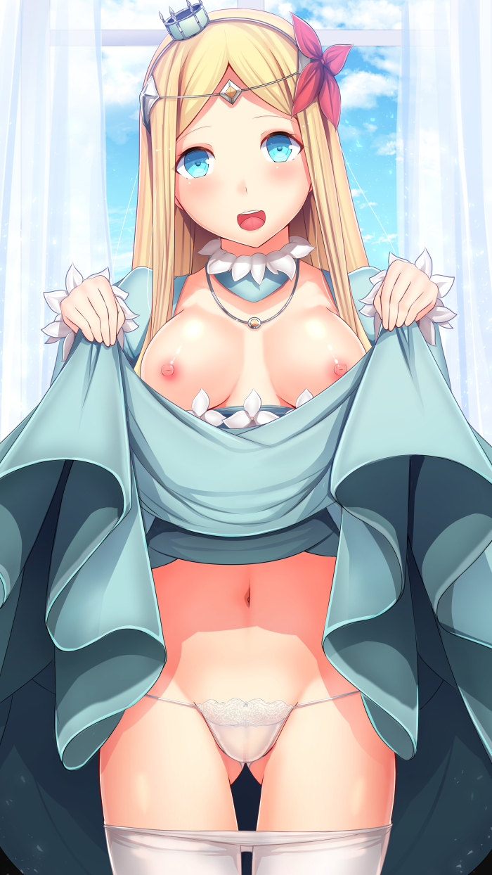 blonde_hair blue_dress blue_eyes blush breasts circlet commentary_request crown daiaru detached_collar dress dress_lift flower hair_flower hair_ornament highres jewelry lifted_by_self long_hair medium_breasts mini_crown navel necklace nipples no_bra open_mouth overlord_(maruyama) panties pantyhose pantyhose_pull renner_theiere_chardelon_ryle_vaiself solo standing underwear white_legwear white_panties window