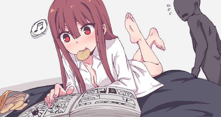 1boy 1girl barefoot bed blush book brown_hair cleavage feet long_hair on_stomach open_shirt potato_chips pov red_eyes soles tisshuhako toes