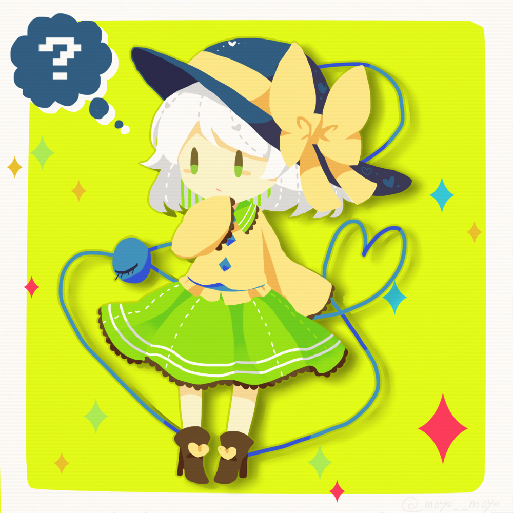 ? boots bow green_eyes green_skirt hat hat_bow hat_ribbon heart heart_of_string high_heel_boots high_heels komeiji_koishi long_sleeves moyo_(amaniwa) ribbon skirt sleeves_past_wrists solo sparkle string third_eye thought_bubble touhou white_hair wide_sleeves |_|