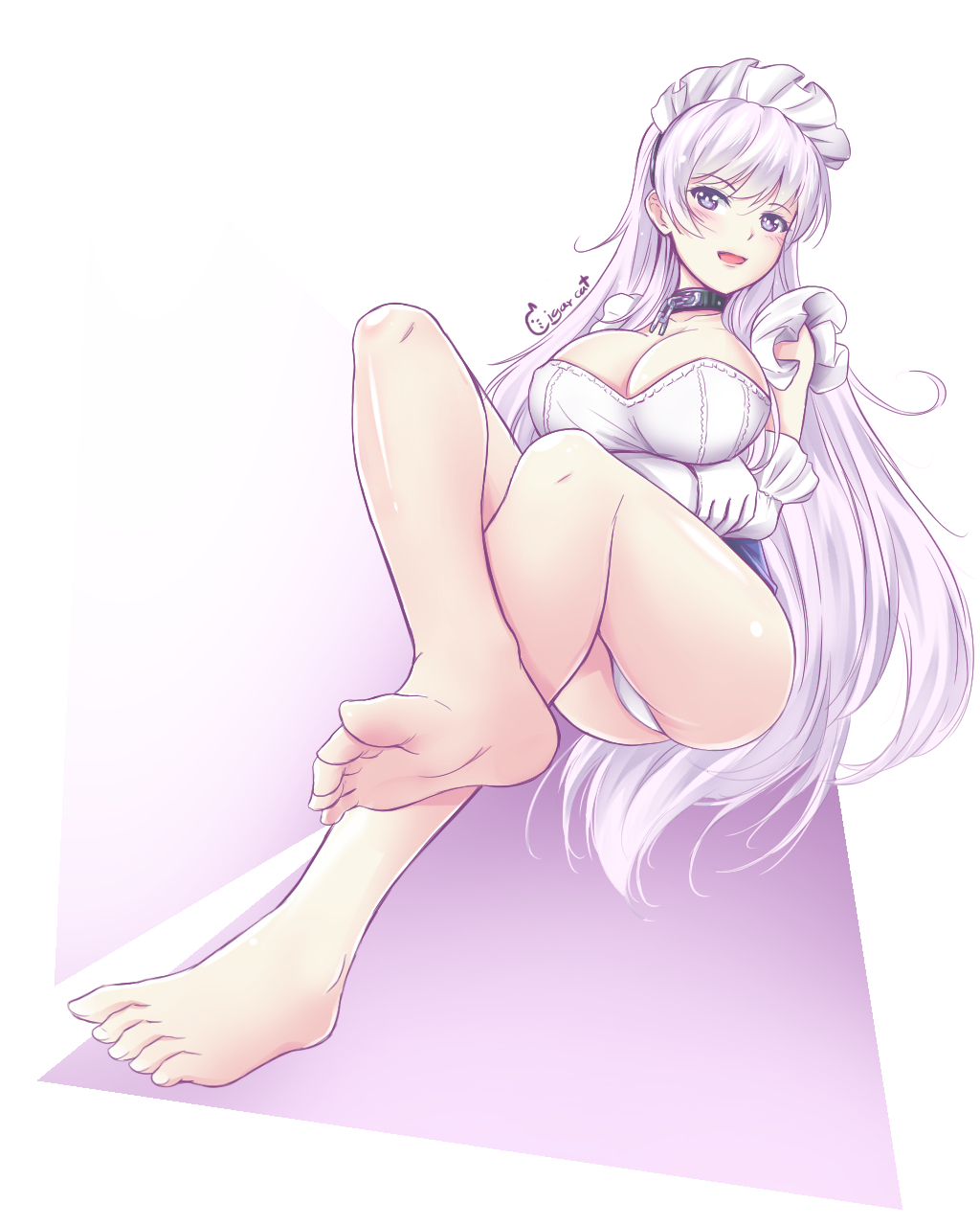 1girl azur_lane bare_shoulders belfast_(azur_lane) blush breasts cigar_cat cleavage collar elbow_gloves feet female full_body gloves hair_ornament head_tilt highres large_breasts legs looking_at_viewer maid maid_headdress open_mouth panties purple_eyes soles solo standing toes white_gloves white_panties
