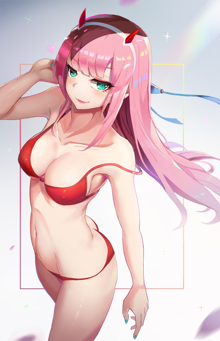 ass bikini breasts cowboy_shot darling_in_the_franxx fang green_eyes hairband horns l.bou long_hair looking_at_viewer md5_mismatch medium_breasts navel pink_hair red_bikini shiny shiny_hair solo standing straight_hair strap_slip swimsuit white_background white_hairband zero_two_(darling_in_the_franxx)