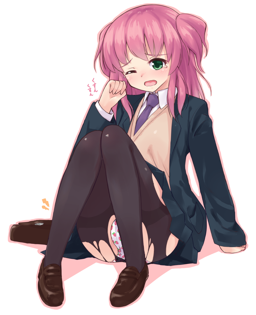 arm_support bad_id bad_pixiv_id bag black_jacket black_legwear blazer blue_neckwear blush brown_footwear brown_sweater crying debutya_aki dress_shirt eyebrows_visible_through_hair food_print green_eyes jacket lightning_bolt loafers long_hair long_sleeves miniskirt necktie open_mouth panties pantyhose pantyshot pantyshot_(sitting) pleated_skirt print_panties red_hair saki sasano_ichigo school_bag school_uniform shirt shoes sitting skirt solo strawberry_panties strawberry_print sweater tearing_up thighband_pantyhose torn_clothes torn_legwear two_side_up underwear white_shirt wing_collar